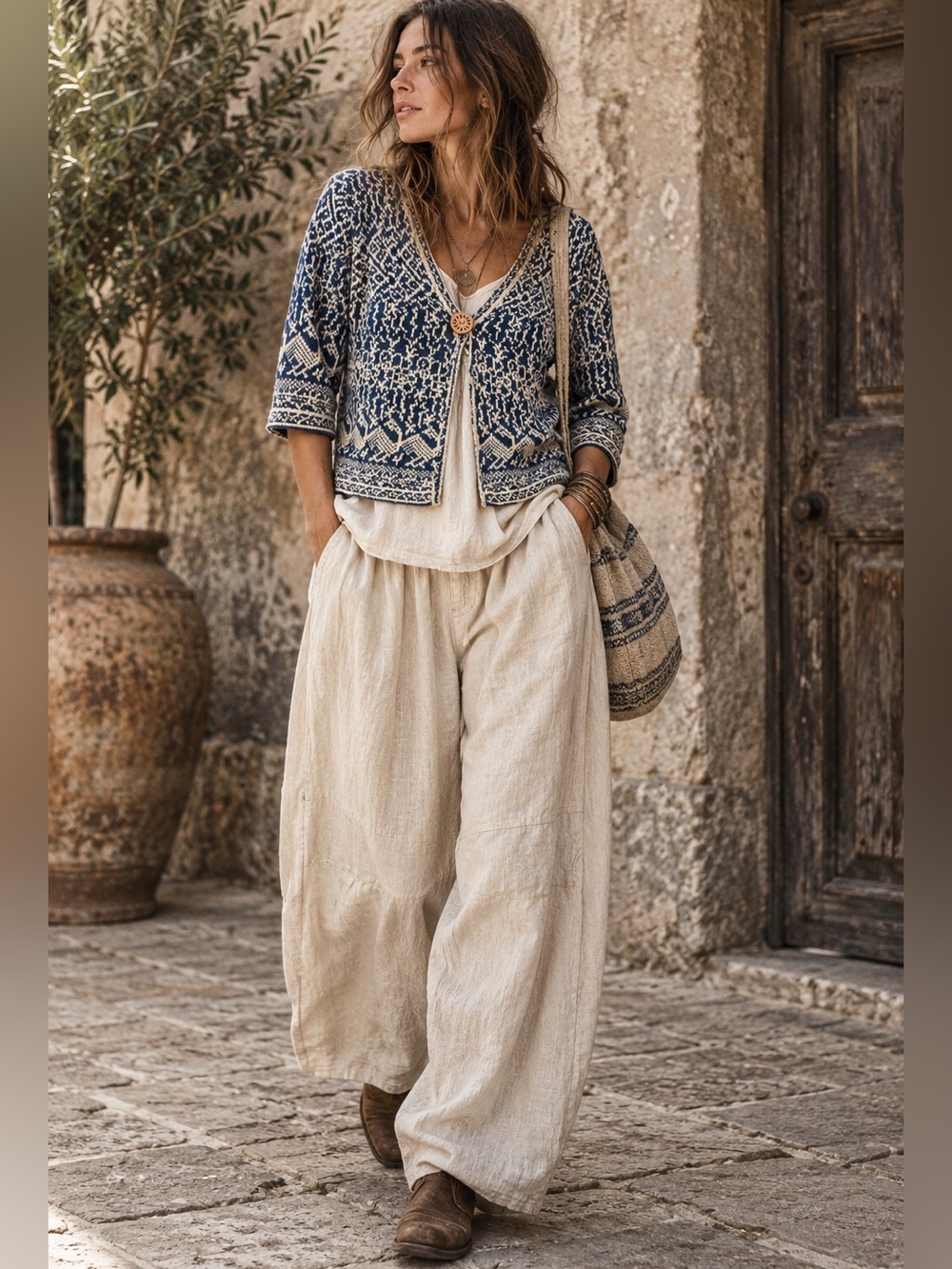 Coldwater Creek Blue M Ramie Cotton Cardigan Lagenlook Artsy Boho Knit